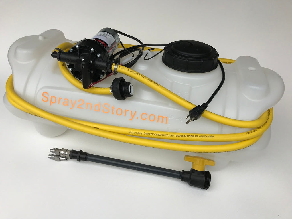 Electric sprayer with white tank, black pump, black spray wand, yellow hose.